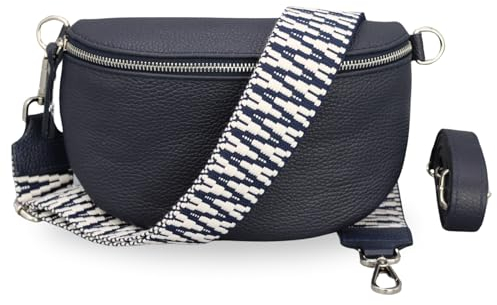 BRISE Bauchtasche Damen Echtes Leder SAHEL Handgemachte Umhängetasche Crossbody Bag Hüfttasche mit Ledergurt + Optionalen Breiten Gemusterten Riemen Gürteltasche Made in Italy (Navyblau-Silber 4)