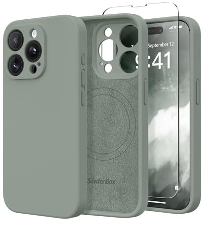SuydanBox Magnetische Schutzhülle für iPhone 15 Pro, kompatibel mit MagSafe, [Rundumschutz der Kamera] [1 Displayschutz] Schutzhülle aus Silikon, stoßfest, Grau Grün