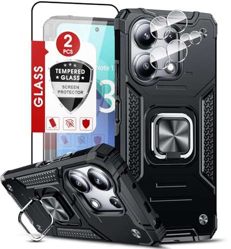 LeYi Funda para Xiaomi Redmi Note 13 4G Carcasa con 2× Protector de Lente de Cámara,2× Cristal Templado, Armor Cover con 360 Grados Magnetic Anillo PC y Silicona TPU Bumper antigolpes Case, Negro