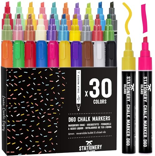 STATIONERY ISLAND Kreidestifte für Tafel Abwaschbar, Kreidestifte für Fenster, 30 Farben Kreidemarker für Glas & Tafeln, Bunt Fensterstifte