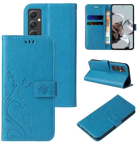 LBH Handy Hülle für Samsung Galaxy A55 5G Case Handytasche Schmetterling Blumen Flower Standfunktion Schutzhülle Magnet Rundum Schutz 360 Grad Flipcase Cover Blau