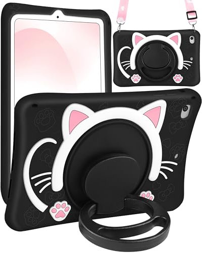 Wazzasoft per iPad Mini 1/2/3 Custodia 7.9 Pollici Ragazze Carino Gatto Nero Cover Kawaii Girly Cartoon Donne Gattino con Manico Rotante Stand & Cinghia Morbido Silicone Funda per Apple iPad Mini