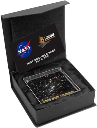Infusion NASA James Webb Teleskop First Deep Field Bild Juli 2022 Kristall Briefbeschwerer & Infokarte Geschenkset, 7,6 cm quadratisch, Weiß