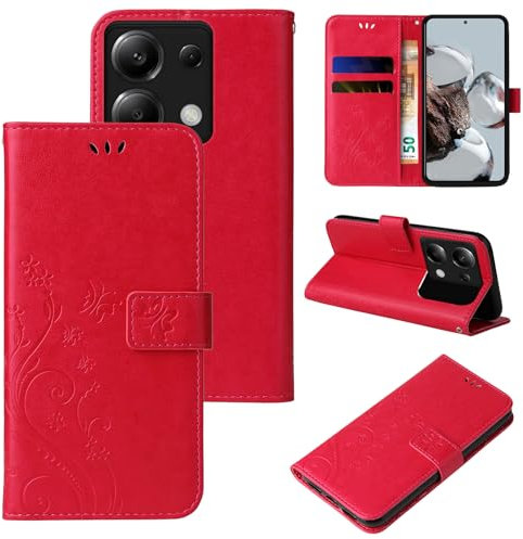 LBH Handy Hülle für Xiaomi Redmi Note 13 Pro 5G Case Handytasche Schmetterling Blumen Flower Standfunktion Schutzhülle Magnet Rundum Schutz 360 Grad Flipcase Cover Rot