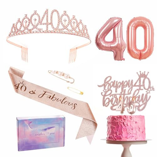 Rose Gold 40th Birthday Decorations: Women's Sash & Tiara Set, Party Sash Crown, Cake Topper, Foil Balloons, Candles