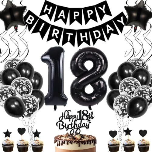 Anlgdi Geburtstagsdeko 18 Jahre Mädchen Junge, Luftballons 18. Geburtstag Dekoration, Schwarz Tortendeko Geburtstags 18 Jahre Mädchen, Folienballon Zahl 18 Schwarz, Deko 18. Geburtstag Junge