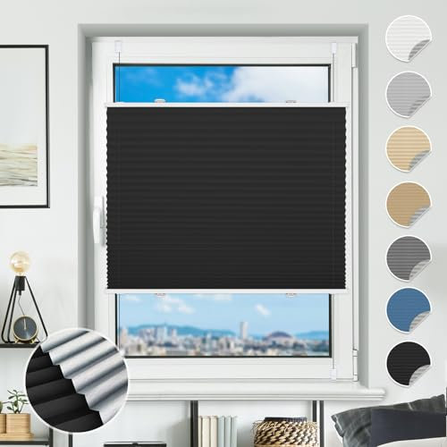 Plissee ohne Bohren Verdunkelung Plissees Klemmfix Schwarz 50x80cm(BxH) 100% Blickdicht Verdunklungsplissee Fensterrollo innen ohne Bohren Aluminium Rollos für Fenster & Tür