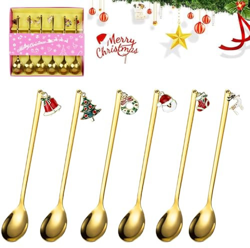 REFORUNG Weihnachts kaffee Löffel 6 Stück Goldenes Weihnachtslöffel Set Edelstahl-Löffel-Kochset mit Weihnachtsanhänger Teelöffel Dessertlöffel, Weihnachtsbesteck Geschenkbox Party Tischdekorationen