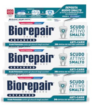 Biorepair, Advanced Zahnpasta mit aktivem Schild gegen Karie, 3 Packungen à 75 ml, gegen Milben und Bakterien, bekämpft Plaque und Karie, schützt den Lack vor bakterieller Aggression
