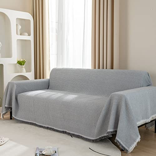 LHGOGO Extra große Waffel Sofadecke 180x340cm Große Sofa Cover Vielseitige Wohndecke als Sofa Überwurf, Überwurfdecke, Sofa Überzug und Tagesdecke mit dekorativen Quasten, Hellgrau