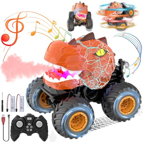Wrymish Dinosaurier Ferngesteuertes Auto, RC Monster Truck Dinosaurier Spielzeug ab 3 4 5 6 7 8 Jahre Junge Mädchen, Monstertruck mit Licht, Ton, Sprühen ＆ 360°Drehung, Kinder Geschenke (Orange)