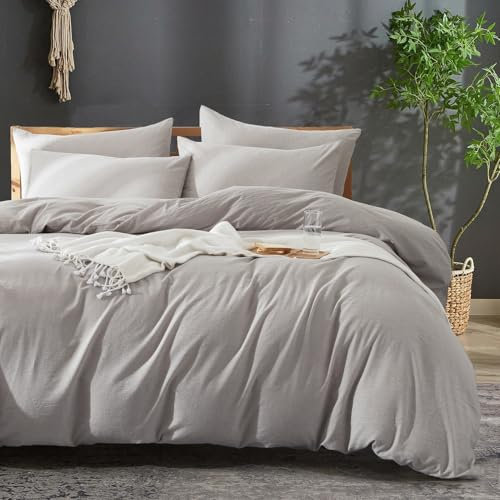 Luofanfei Baumwolle Leinen Bettwäsche 135x200 Grau Hellgrau Uni Einfarbig Muster Renforce Baumwolle Leinen Bettwäsche Set Atmungsaktiv Bettbezug Einzelbett und Kissenbezug 80x80 Weich und Bügelfrei
