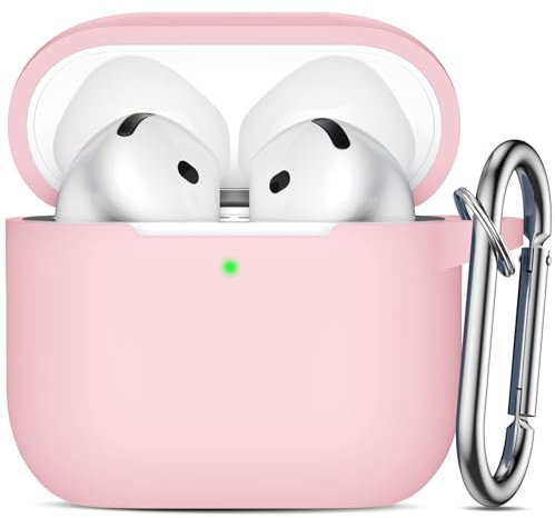 Ouwegaga Funda para Airpods 4, Fundas Protectora de Silicona para AirPods 4 Case, LED Frontal Visible Funda Accesorios Compatible con Apple AirPods 4.ª Generación (2024), con Moschettone, Rosa