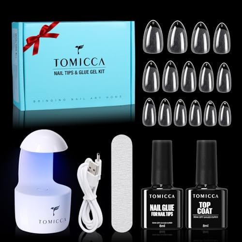 TOMICCA Kit Capsule Americaine Ongle - Pose Americaine Ongle Kit, 240 PCS Capsules Ongle Court Amande, Avec 6 en 1 Colle Faux Ongles Top Coat Semi Permanent Et Mini Lampe UV Ongles Gel