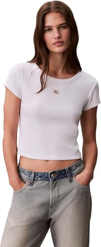 Calvin Klein Damen T-Shirt Kurzarm Woven Label Rib Baby Tee mit Rundhalsausschnitt, Weiß (Brilliant White), 2XS