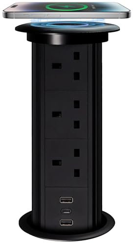 VORSPRUNG® Automatic Retractable Pop Up Power Sockets | 3x 3 pin UK Plugs | 1x USB C | 2x USB A | Qi Charging iPads, All Phones | Surge Protection | Fast Charger | Wireless Charging (Black)