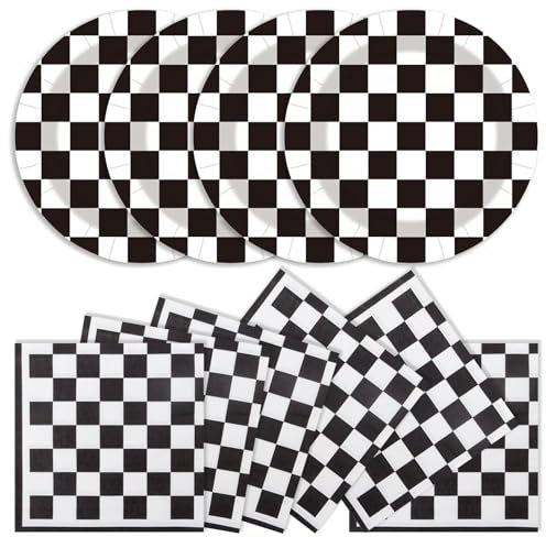 Lot de 40 assiettes et serviettes en carton jetables en forme de voiture de course pour décoration de fête d'anniversaire - Noir et blanc