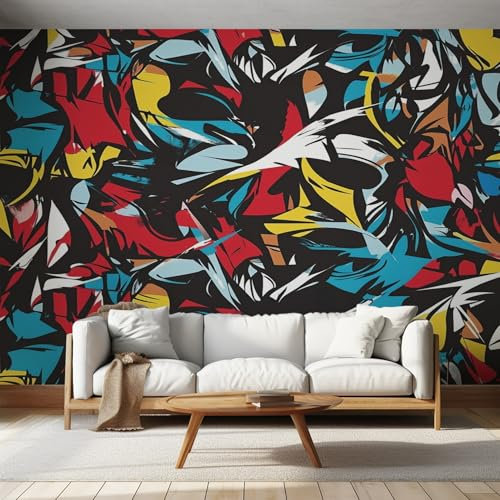 NOGAWA Papier Peint Motif Graffiti, 3D Panoramique Papier Peint Street Art Colorée, Papier Mural Decoratif Pour Salon, Chambre, Tapisserie Murales, Décoration Murale 200x140cm