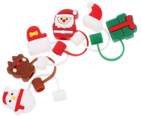 OUNONA 6pcs Christmas Straw Toppers Silicone Caps with Santa Snowman and Fun Holiday Drinking Accessories for Adults Easy to Clean and Compatible with Cups