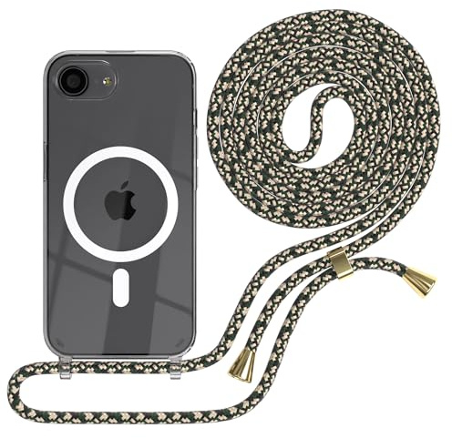 EAZY CASE - Handykette kompatibel mit iPhone 16e Kette zum Umhängen Stoßfest Handyhülle für Silikon Hülle mit Band Handytasche Transparent als Fallschutz in Grün Camouflage