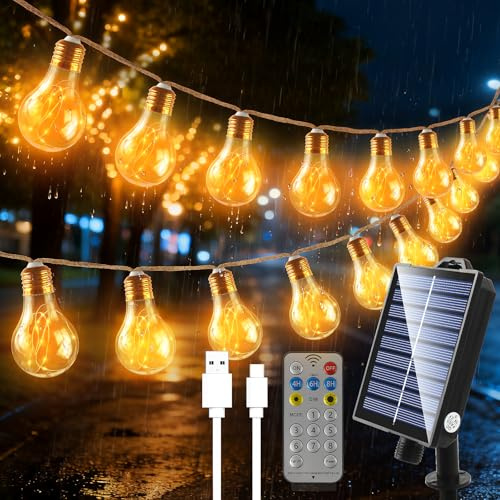Lichterkette für den Außenbereich, A60 Solar-Lichterkette mit 16 Glühbirnen, Hanfseil 8 m, 8 Modi, IP65, wasserdicht, Fernbedienung und USB-Ladekabel, für Gärten, Höfe, Bistros, Pavillons