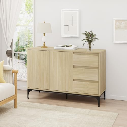 [en.casa] Buffet pour Salon Meuble de Rangement avec 3 Tiroirs et 2 Portes au Système Push-to-Open Commode Élégant et Moderne Stable Entrée Chambre MDF Métal 77 x 120 x 40 cm Effet Chêne Clair Noir