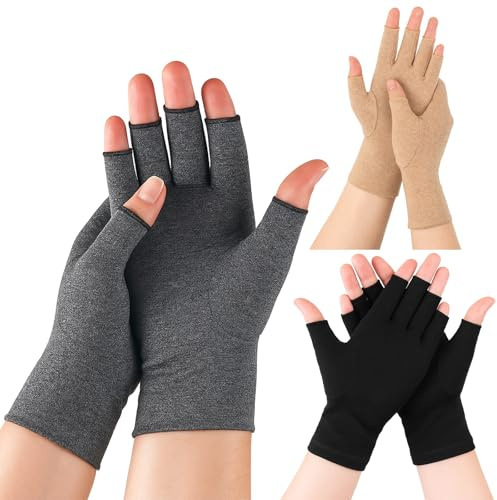 kelav 3 Paar Halbfinger Kompressionshandschuhe Damen mit Gleichmäßigem Druck, Leichte Unterstützung für Hände und Handgelenke, Schwarz/Grau/Hautfarben Größe M