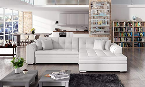 Krudox Sore Ecksofa L-Form 296x78x194 cm - Weiss Kunstleder Schlafsofa mit Bettkasten - Couch mit Stauraum - Sofa mit Schlaffunktion 128x262 cm - Rechts - Stoff: Soft 17