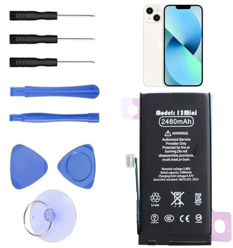 Batteria compatibile con iPhone 13 Mini, Batteria Sostitutiva ad Alta Capacità ai Polimeri di Litio con Kit di Strumenti di Riparazione e Libretto di Istruzioni