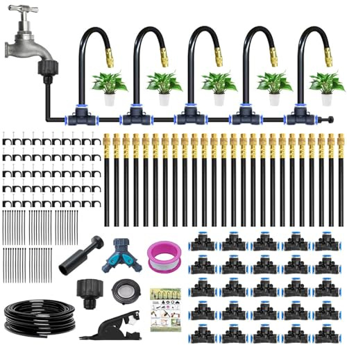 82Ft/25M Drip Irrigation System Kit, 360° Adjustable Micro Spray Sprinkler Kit, Bendable Automatic Garden Watering System, Nozzle Copper Sprayer Sprinklers, Atomizing System, Greenhouse Accessories