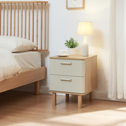 [en.casa] Nachttisch Ferrersp Nachtschrank Beistelltisch mit 2 Schubladen gerillt Nachtkasten 50 x 40 x 40 cm Schlafzimmer Nachtkommode Eicheoptik/Sandfarben