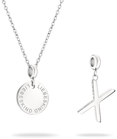 LIEBESKIND BERLIN Set - bestehend aus Halskette und Buchstaben Charm aus poliertem Edelstahl - Ankerkette mit Charm verstellbar bis 45cm - wasserfest & hautfreundlich