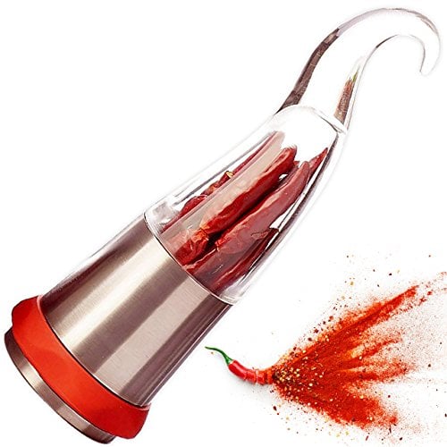 Chilimühle Chilischneider (Scharfes Designerstück) Gewürzschneider mit Edelstahl Schneidwerk - schneidet auch andere grobe Kräuter - in Form Einer Chili - sehr originell - 80ml