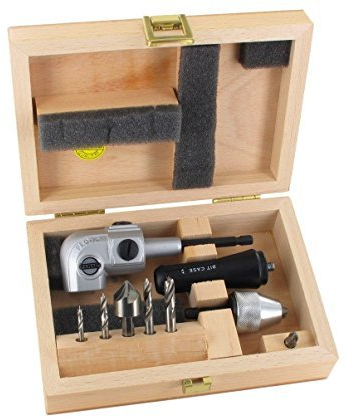FAMAG Winkelschraubvorrichtung Pro 75 Set im Holzkasten mit Metallspiralbohrer Bits 3, 4, 5, 6mm