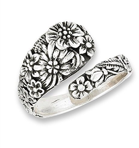Victorian Flower Open Adjustable Spoon Ring .925 Sterling Silver Band Sizes 6-10