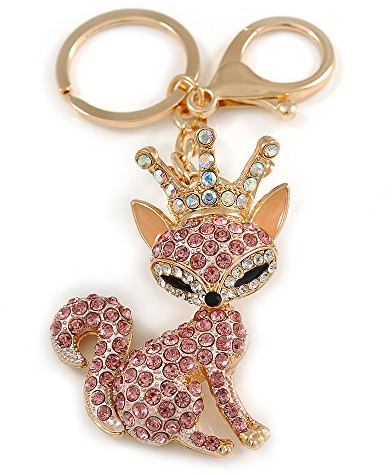 Avalaya Pink/Ab Crystal Queen Fox Keyring/Bag Charm In Gold Plating - 10cm L