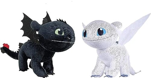 HTTYD Drachenzähmen leicht gemacht - Dragons - Pack 2 Plüsch Light Fury weiße + Ohnezahn Toothless schwarz - Qualiät super Soft 11'80/30cm (40 cm Schwanz enthalten)