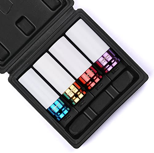 CASOMAN 1/2- Inch Drive Wheel Socket Set, 1/2 Thin Wall Alloy Wheel sockets, Deep Socket Set, Plastic Sleeve Lug Nut, 4 Pieces Set, 6 Point,Metric, 17mm,19mm,21mm,22mm
