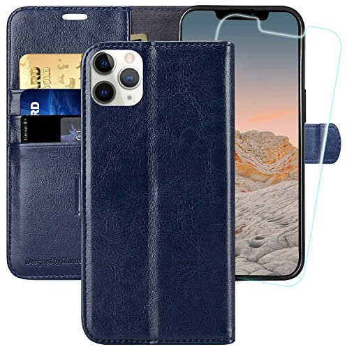 MONASAY iPhone 11 Pro Wallet Case,5.8-inch, [Glass Screen Protector Included][RFID Blocking] Flip Folio Leather Cell Phone Cover with Credit Card Holder for iPhone 11 pro,Blue