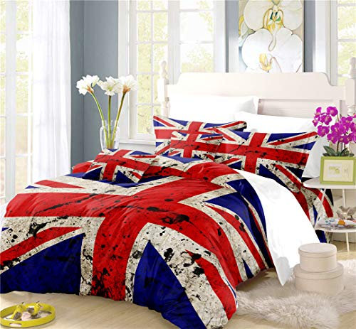 REALIN Bettbezüge Set Die Union Flag Bettwäschedie Retro Union Jack Bett Sets 2/3/4Teilig Bettbezüge/Kissenbezüge/Bettlaken Für Kinder,Jungen,Mädchen (D,Super King-220×260cm-4PCS)