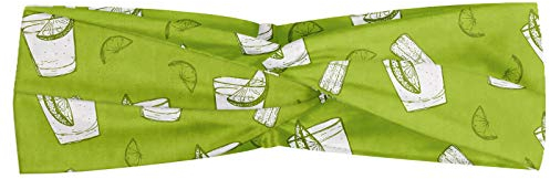 ABAKUHAUS Tequila Headband, Alcohol Culture Themed Pattern with Drink Glass Salt Shaker and Lemon Slice, Elastic and Soft Women's Bandana for Sports and Everyday Use, Apple Green White