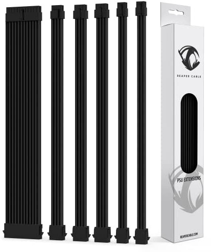 Reaper Cable Sleeved PSU Extension Set - Power Supply Extensions - 1x 24 Pin/ 2x 8 Pin/ 2x 6 Pin/ 1x 4+4 Pin - With Combs - 30cm (Black)