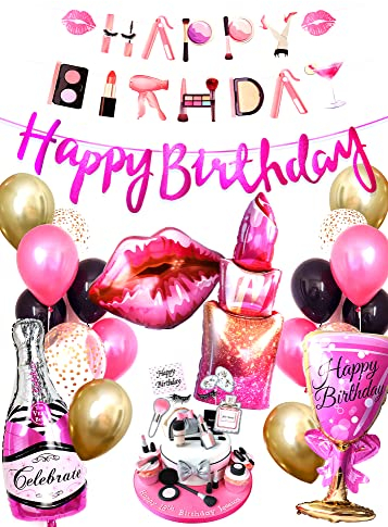 Regendeko Happy Birthday Schminke Lady Prost Damen Mode Set Mädchen Geburtstagsdeko hochhackige Schuhe Lippenstifte Folienballon Luftballons Geburtstag Girlande für Geburtstag Urlaub (Schminke)