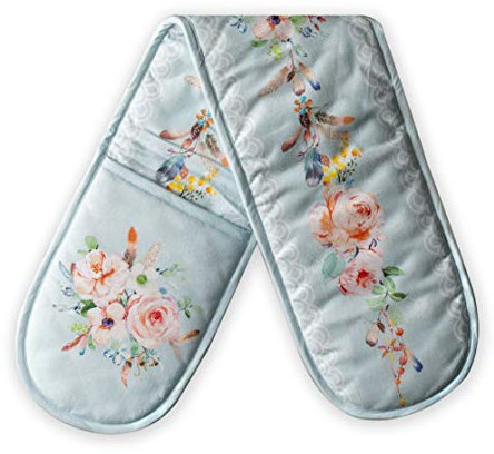 Maison d' Hermine Double Oven Mitts 100% Cotton 18 cm x 89 cm Double Oven Mitt Heat Resistant BBQ Cooking Gloves with Loop, Baking, Grilling, Home, Kitchen, Handling Hot Pans (Ibiza - Blue)