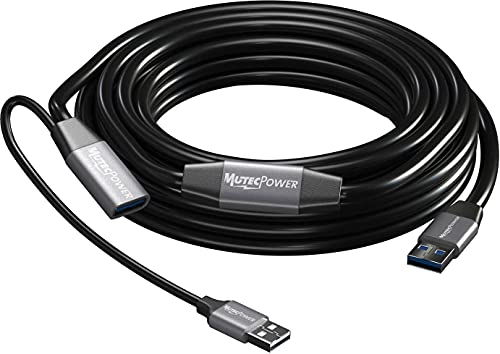 MutecPower 10m Cable de extensión USB 3.0 activo Macho a Hembra cordon repetidor USB A con amplificador y fuente de alimentación USB - Negro 10 metros - Compatible con laptops, HDD, Xbox, PS4, VR etc