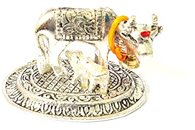 Vimal Nautical Kamdhenu Dekofigur Kuh mit Kalb, dekorativer Geschenkartikel (Farbe Silber), ca. 5,2 cm, Material: 100 % reines Metall, Aluminimue
