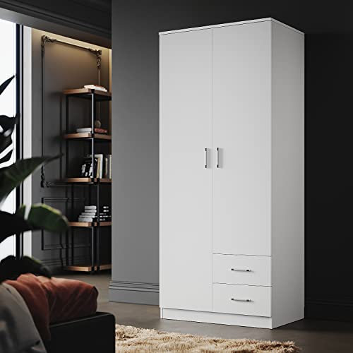 ELEGANT White Wooden Wardrobe with Multi-Storage Units 2 Drawers Wardrobe with Hanging Rail for Home Bedroom