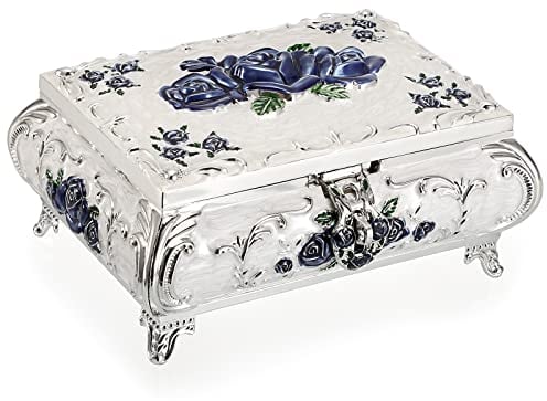 SUMNACON Vintage Metal Small Jewelry Box Trinket Box with Blue Flower Pattern, Retro Trinket Storage Organzier Jewelry Holder Box for Rings Earrings Necklace, White (Size L)