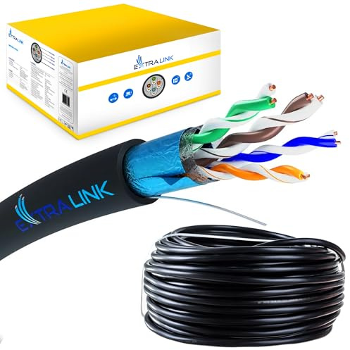 EXTRALINK Cable Ethernet 305M CAT5e para exteriores, Cable Red LAN– 100% cobre, F/UTP apantallado, compatible con PoE, UV resistente, con funda exterior de PE duradera y resistente a la intemperie