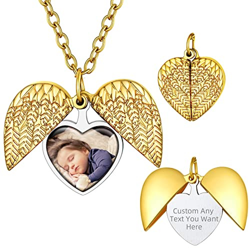 Supcare Collar Corazón con Foto Personalizado para Mujer Colgante Romántico Alas de Angel Locket Guardapelo Relicario Camafeo para Fotos Joyería Preciosa Aniversario Valentín Cumpleaños